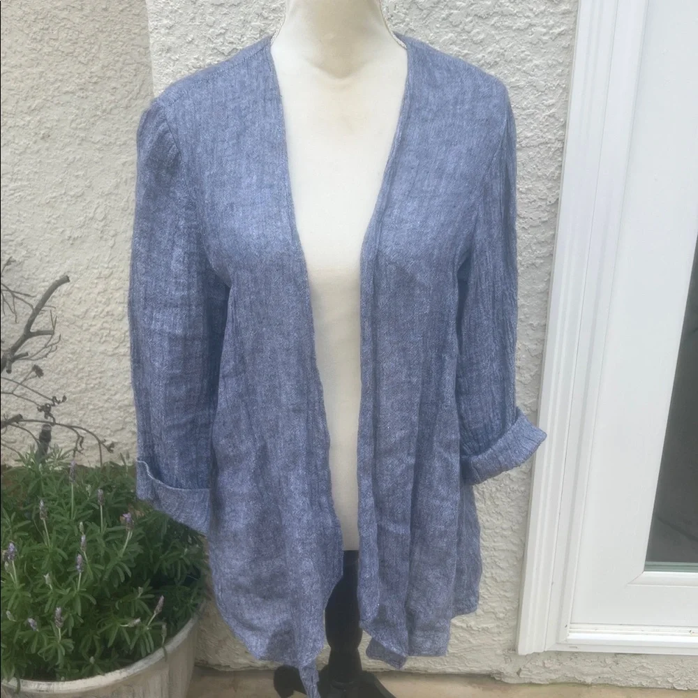 Purejill J.Jill Women's Linen Blue Crinkle Open Front Cardigan Size M